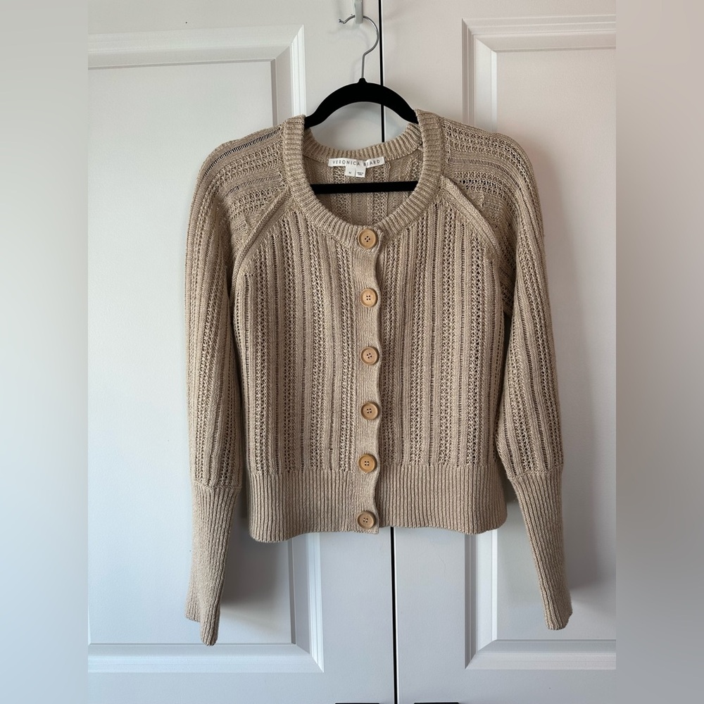 Veronica Beard Women’s Linen Pointelle Wood Button Cardigan Beige (Size M)